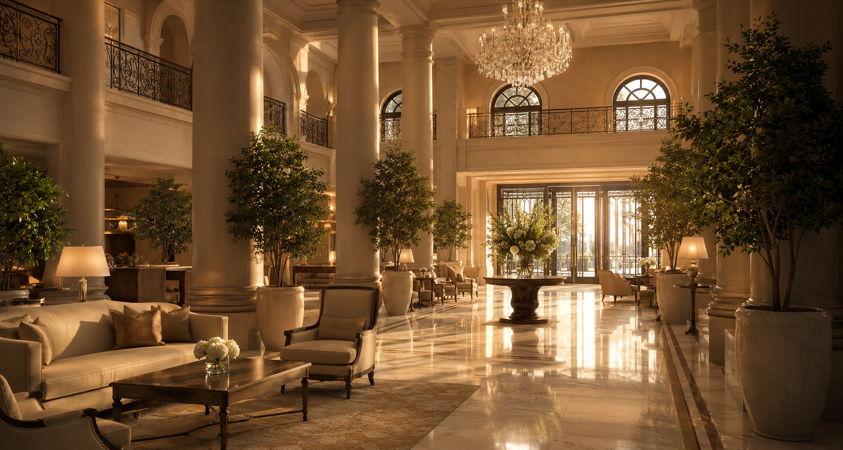 Opulent hotel lobby with chandeliers